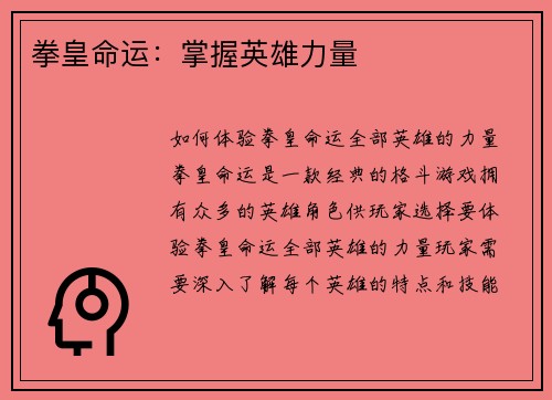 拳皇命运：掌握英雄力量